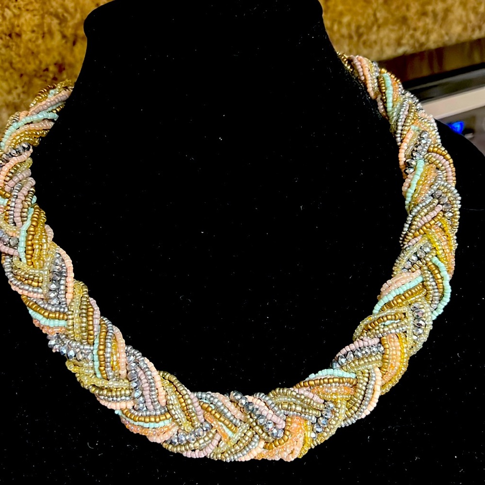 Braided necklace lite pink white and gold stones